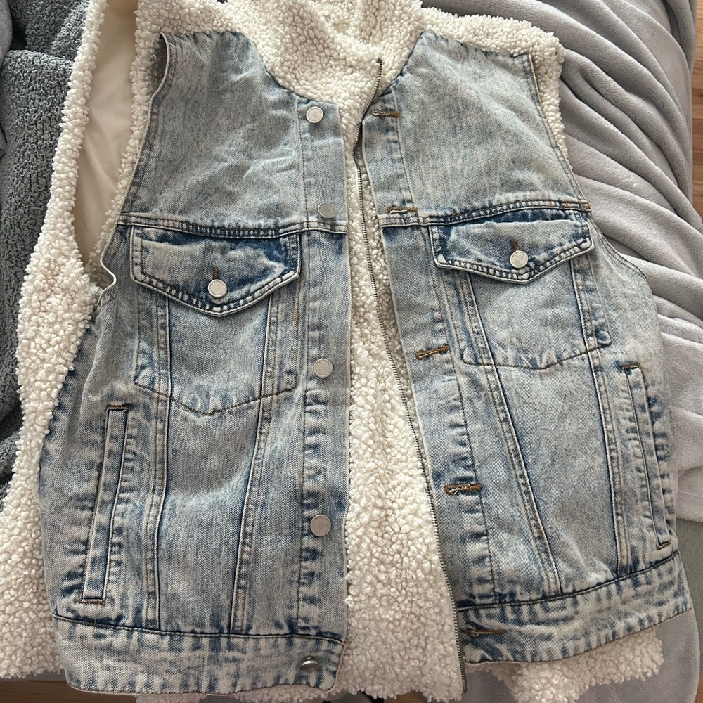 Blank NYC Blue Denim Vest with Cream Sherpa Lining